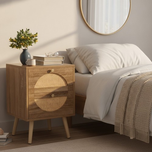 Rattan bedside table wooden - bedside,