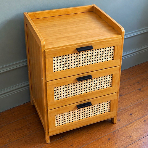 Pair wood rattan bedside - of,